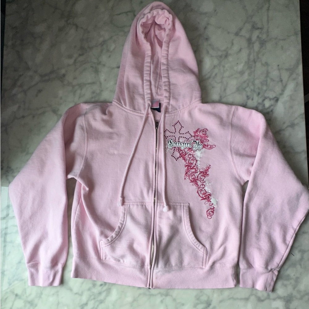 Cowgirl up Pink Y2k Zip-Up Hoodie with cross rhinestones Floral Scroll